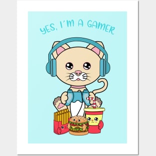 Yes i am a gamer, cute cat playing Posters and Art